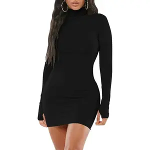 Women's Sexy Bodycon Mini Club Dresses Basic Long Sleeve Turtleneck Dress