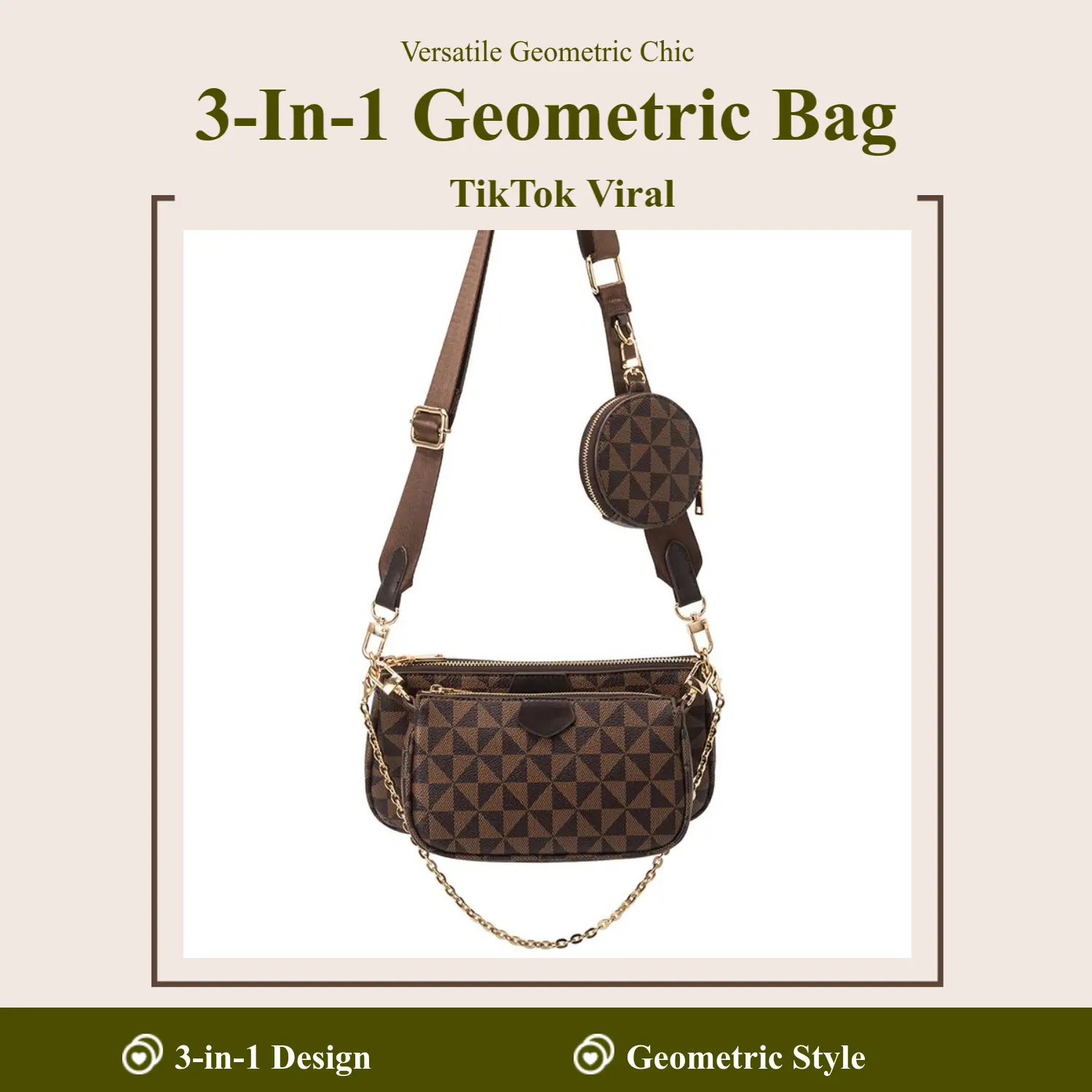 Trendy 3-in-1 Geometric Crossbody Bag for Women, Chain Shoulder Purse with Mini Pouch, TikTok Viral Multi-purpose Handbag
