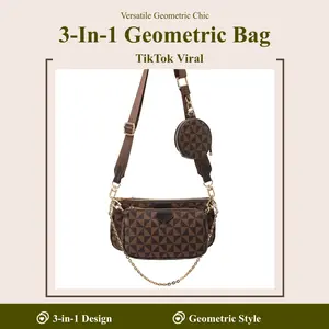 Trendy 3-in-1 Geometric Crossbody Bag for Women, Chain Shoulder Purse with Mini Pouch, TikTok Viral Multi-purpose Handbag