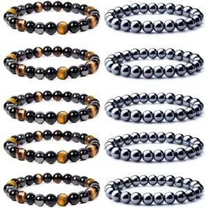 10PCS 8mm Black Magnetic Bead Therapy Bracelet For Men Women Stone Bracelet Stress Relieving Triple Protection Anxiety Relief Bracelet Jewelry