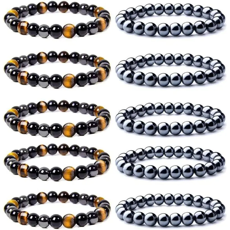 10PCS 8mm Black Hematite  Bead Therapy Bracelet For Men Women Stone Bracelet Stress Relieving Triple Protection Anxiety Relief Bracelet Jewelry