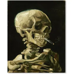 Artist Canvas Wall Art: Skull of a Skeleton with Burning Cigarette Oil Painting Picture Reproduction Bedroom Decor, Famous Prints Gothic Poster Home Decoration 12" x 15" Flower Ornaments Photo Artistic