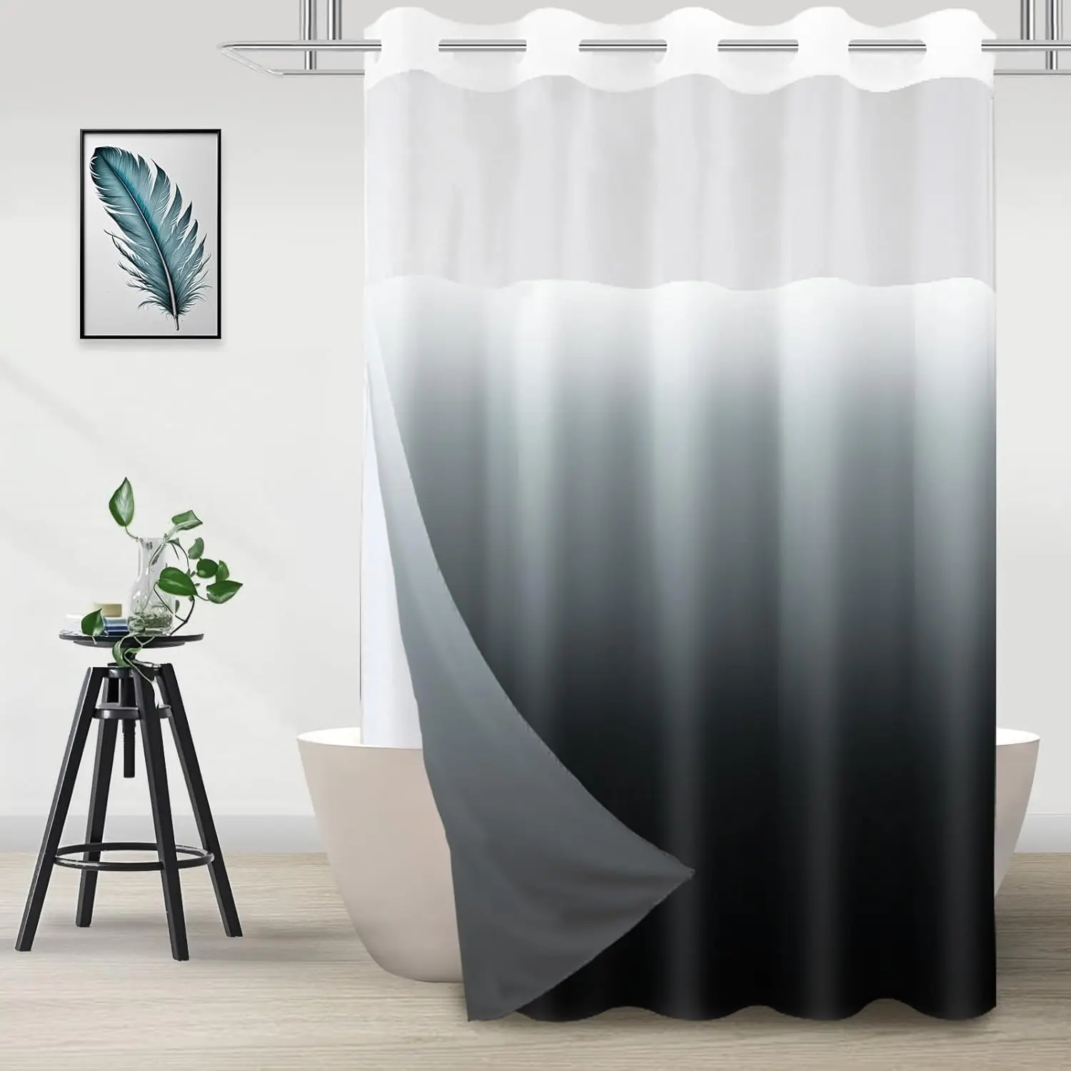 No Hook Ombre Black Grey Shower Curtain with Snap in Fabric Liner Set, Modern Hotel Style Design for Bathroom, Double Layer Ringless with See Through Mesh Top Window, 71" x 74"