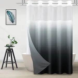 No Hook Ombre Black Grey Shower Curtain with Snap in Fabric Liner Set, Modern Hotel Style Design for Bathroom, Double Layer Ringless with See Through Mesh Top Window, 71" x 74"