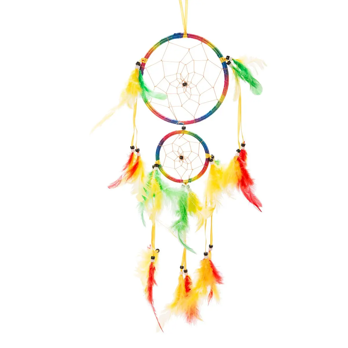Thy Home 18-in Long Rainbow Fabric Dream Catcher, 5" and 3" Diameter Double-Circle Feathered Hanging Wall Decor, Wall/Car Ornament, Ideal Gift, Traditional
