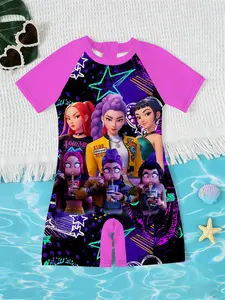 Girls Kpop Korean Style Jumpsuit, Fun Cartoon Print Short Sleeve Quick-Dry Swimsuit, Children Beach Sea Vacation Swimming Clothes