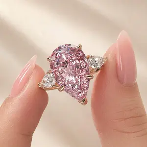 Effinny Tear Drop 14K Gold Plated 8.0ct Pink Three Stone Pear Cut 925 Sterling Silver Engagement Ring, Last Present Future Fashion Promise Travel-friendly Jewelry for Women, Birthday, Adults