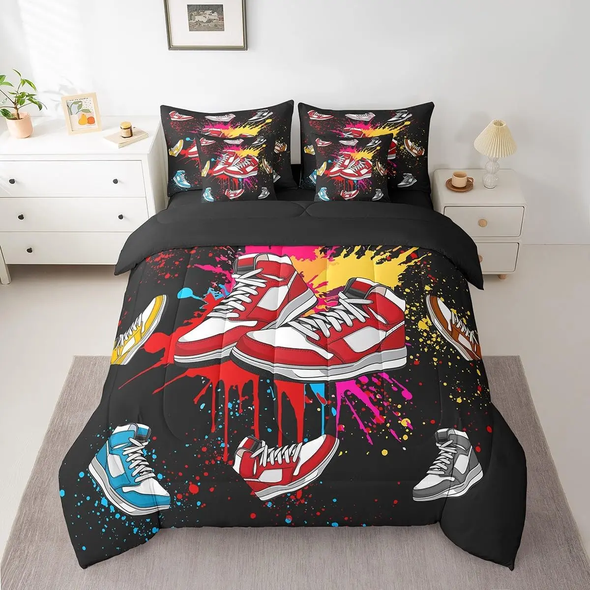Feelyou 7-Piece Basketball Shoes Bedding Set - Cool Graffiti Soft Comforter, Bed Sheets, Unique Design, Multi-Size (Including Twin Size), Cushion Covers for Boys, Sports, Graffiti Art