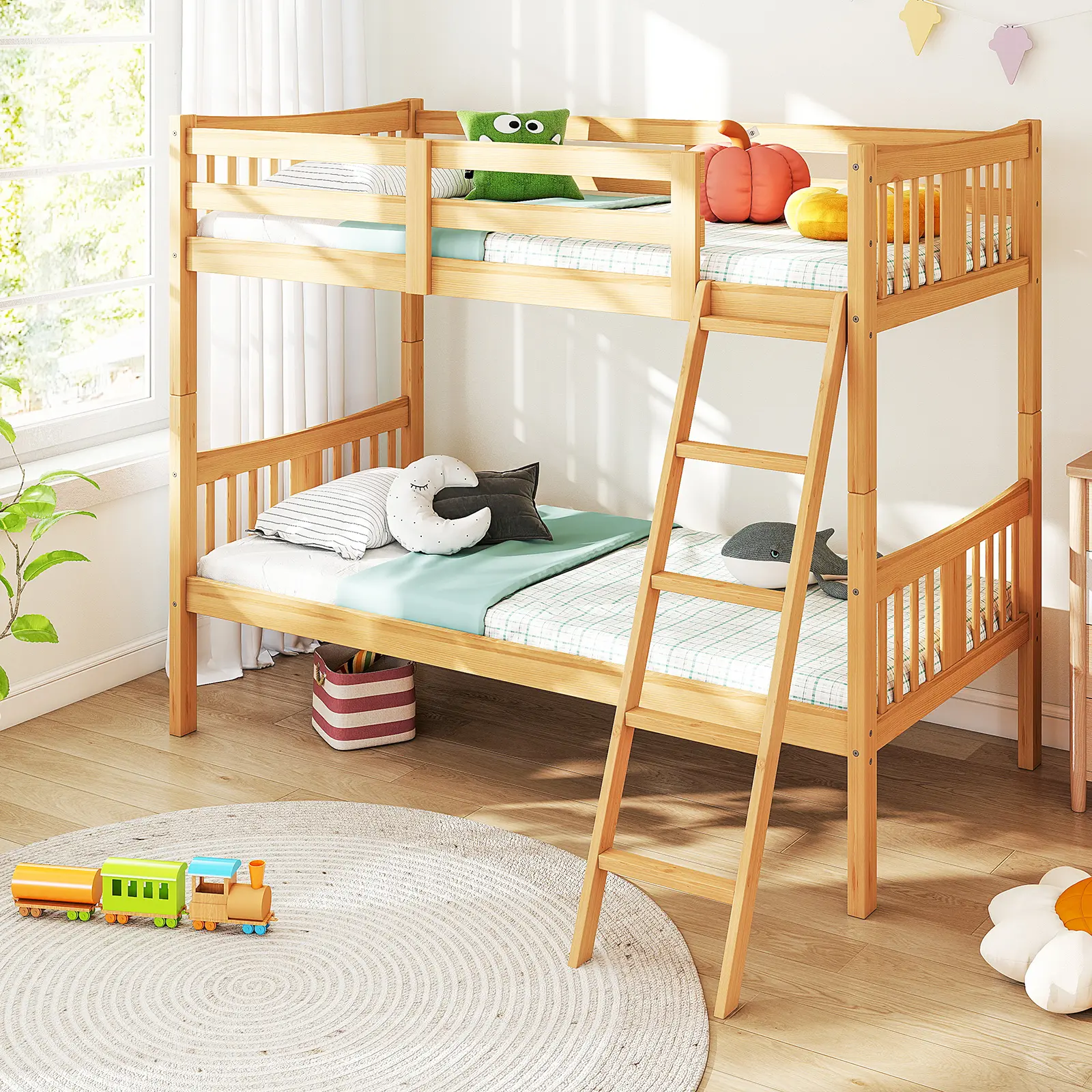 Convertible Solid Wood Bunk Bed Twin Over Full, 2-in-1 Detachable Bunk Bed Frame Separates Into 2 Single Twin Beds, Built-In Ladder & Full Safety Guardrails for Bedroom