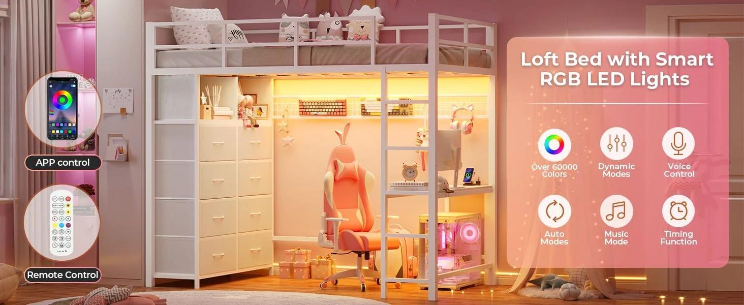 Twin Size LED Loft Bed Frame with Desk and 8 Drawers White