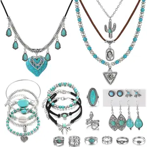 Western Jewelry Set for Women, Turquoise Vintage Silver Western Necklaces Bracelets Earrings Rings Bohemian vacation Beach Jewelry Sets Gifts for Women