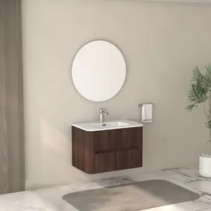 30" Wall Mounted Bathroom Vanity with Sink Floating Vanity Two Drawers Dark Walnut Bathroom Cabinet with White Ceramic Integrated Sink