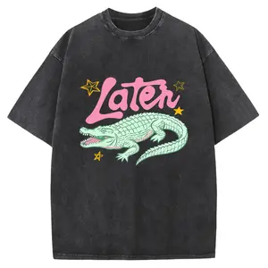 Holafish Heavyweight Cotton Crewneck Streetwear T‑Shirt, Retro Acid Wash "Later" Crocodile & Star Graphic Printed Unisex Fashion Tees summervibes Casual Top