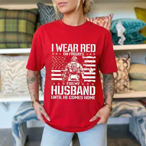 I Wear Red On Fridays For My Husband Remember Everyone Deployed Mother Day Eagle American Flag Heavy Cotton T-shirt, Independence day Patriotic, 4th of July Casual, Gift Streetwear Graphic Classic Womenswear