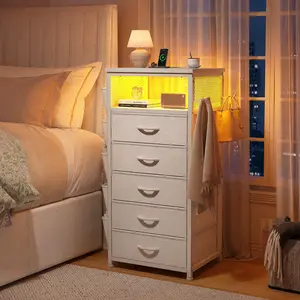 [with Free Gifts] Raybee Tall Nightstand with LED Lights & Charging Station, Narrow  Dresser with 5 Drawers & Side Pockets & Hanging Hooks, Tall Storage Tower End Side Table for Living Room, Dorms, Apartment, Entryway, Bedside Organizer Hub, Printer Stand