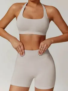 Sexy Sporty Fitness Set for Women, Halter Top Tank + High Waist Butt Lifting Shorts, Gym Yoga Pilates Short Pants, Quick Dry Sweat Absorbent Workout Sets, Stretchable Activewear, Gym Outfits, Gym Clothes Set, Fitness Training Clothes