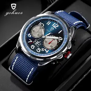 GOHUOS Luxury Watch Men Quartz Nylon Leather Strap Man Wristwatch Waterproof Luminous Chronograph Date Men's Watches with box