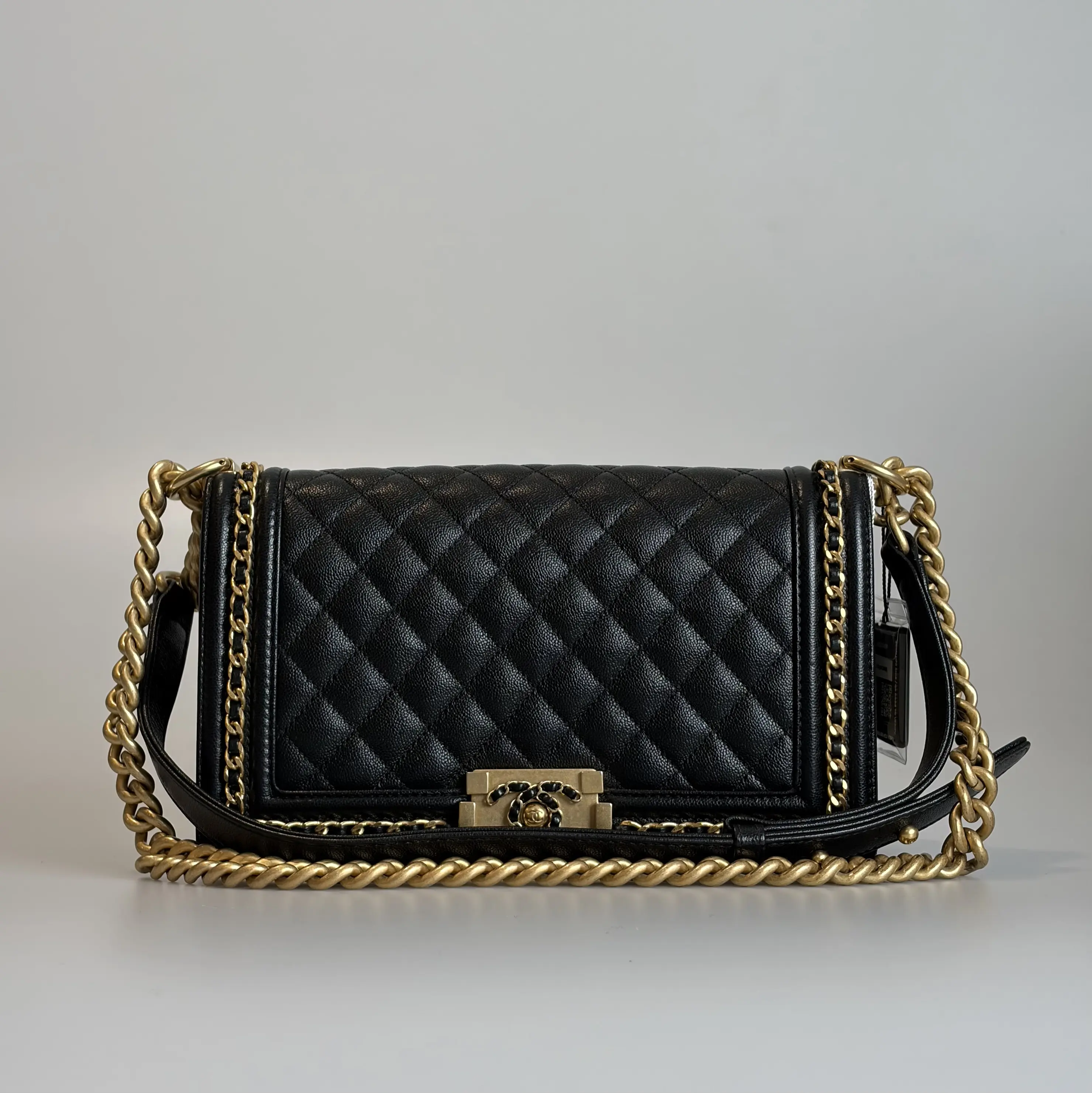 Pre-owned CHANEL Caviar Calfskin Crossbody Bag Le Boy Medium Black Quilted Gold tone Clasp Chain Trim 94467286 Sold As Is / Final Sale