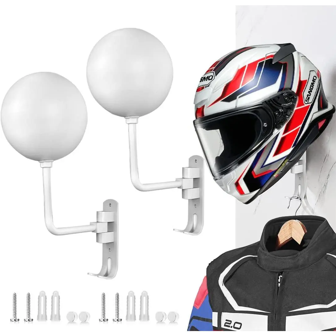 White 180° Motorcycle Helmet Rack, Rotation Metal Helmet Holder Wall Mount, Helmet Holder Bike with 2 Helmet Hanger for Motorcycle Bike