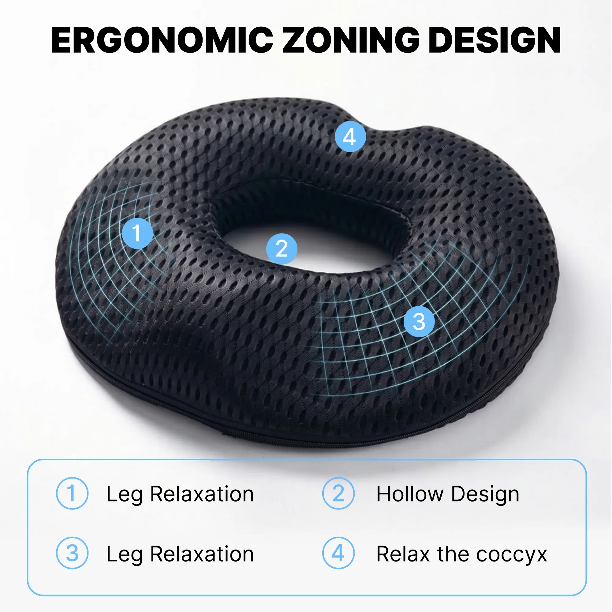 Ergonomic Donut Memory Foam Seat Cushion with Mesh Fabric - Fully Assembled Durable Coccyx Pillow for Office Chair, Car Seat - Lower Back Pain Relief for Pregnant Women, Seniors - Hollow Design Ergonomic Memory Foam Furniture Accessories
