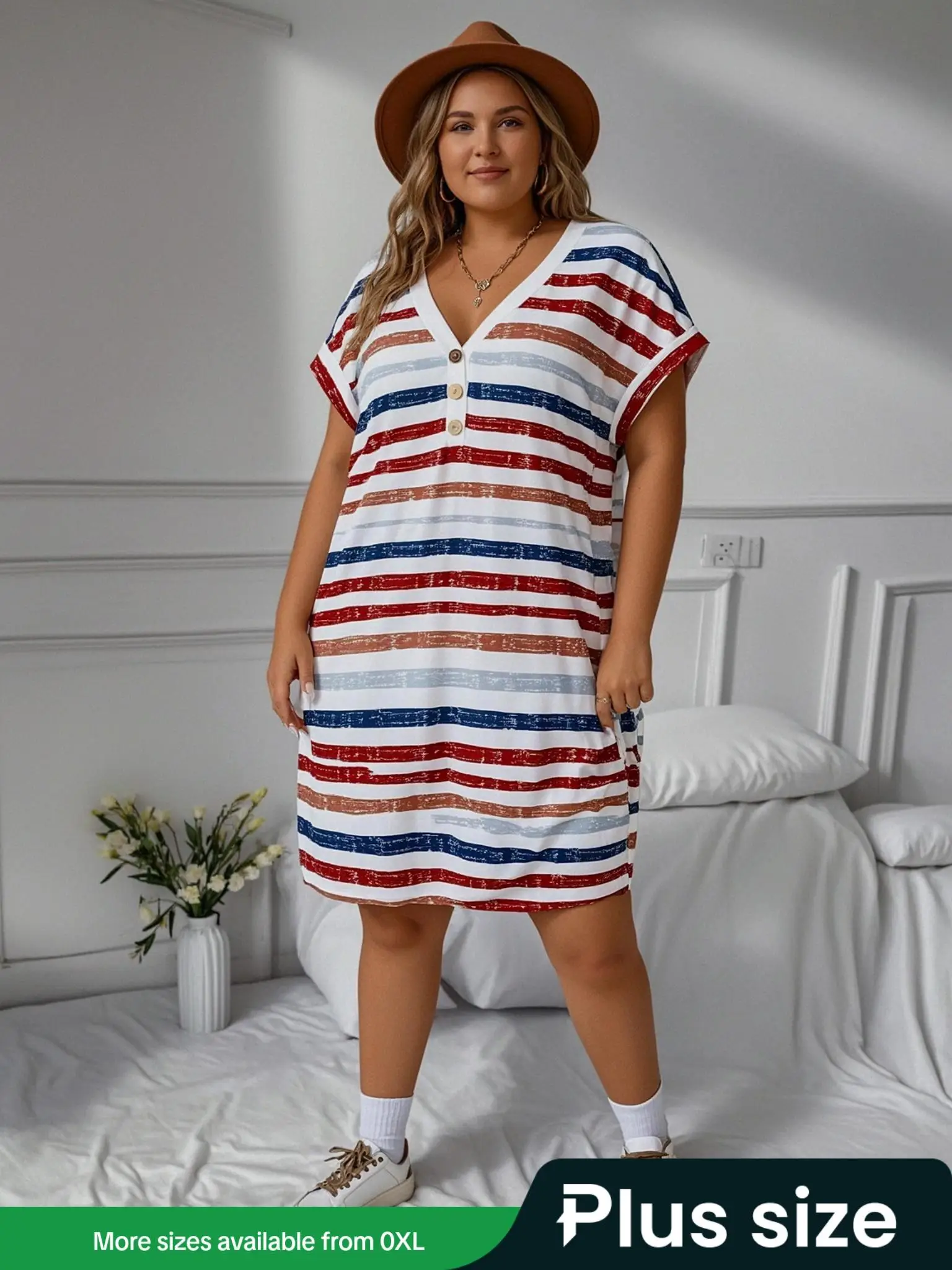 【Plus Size】 Striped Print Batwing Sleeve 4th of July Tee Dress, Casual V Neck Button Front Short Dress, Dresses for Women, Summer Dresses, Back To Sch