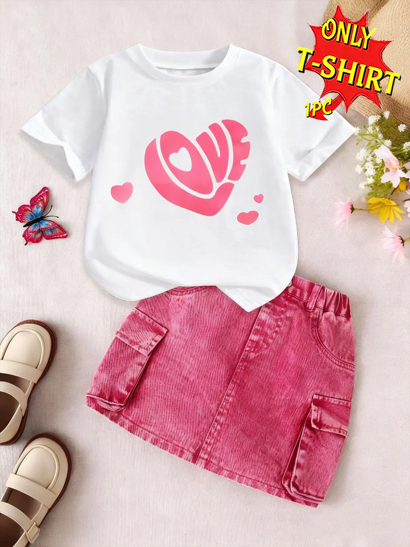PUEMCO Little Girls Short Sleeve Cotton T-Shirt, Crew Neck Cute Heart Shaped LOVE Letter Graphic Casual Basic Tee Summer Daily Holiday Kids Top