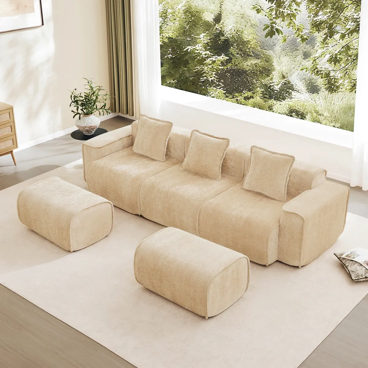 3-Seat Light Camel Velvet U-Shape Modular Sectional Sofa - Boneless Couches with French Piping, Wide Arms, Exquisite Details, Throw Pillows, 2 Movable Ottomans, Fluff Each Section, Fully Assembled, Polyurethane Foam