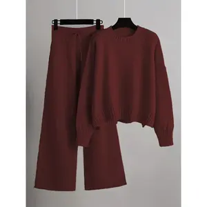 Women's Casual Knitwear Set - Cozy Long Sleeve Crew Neck Sweater & Wide-Leg Pants, Solid Color,  Clothing Collar