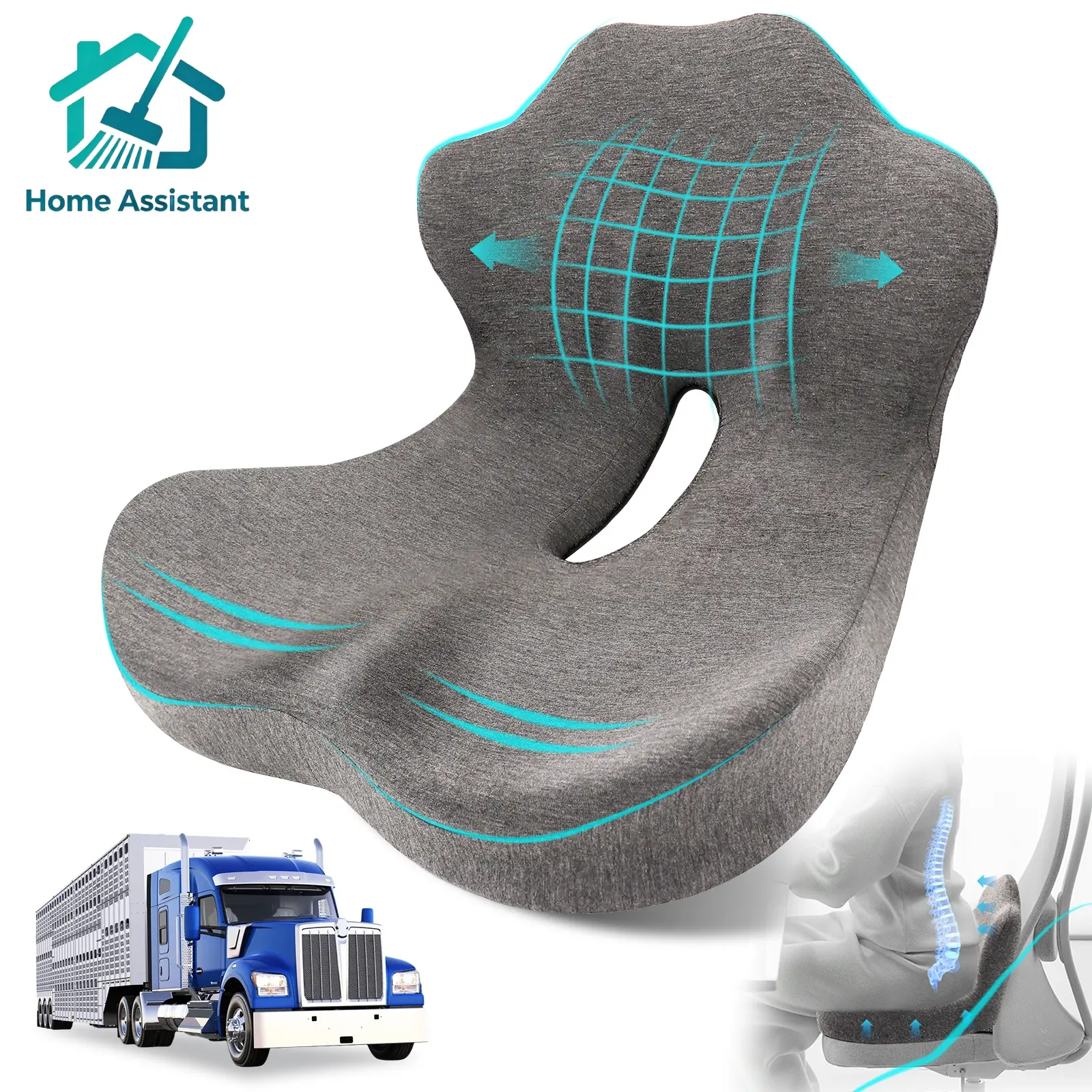 Seat Cushion, Memory Foam Truck Seat Cushion, L-Shaped Ergonomic Design Chair Cushion with Lumbar Support for Back Pressure Relief, for Long Sitting Office Worker and Truck Drivers