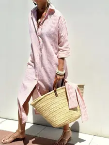 Women's Striped Shirt Dress, Casual Chic Dress, Lady Casual Vacation Style, Button Front Design, Loose Fit Medium-Length, Perfect for Beach, Casual Dresses, Womenswear