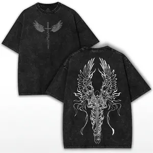 Angel Warrior Sword Oversized Vintage Washed Tee – Heavy Cotton Black Shirt with Gothic Wings and Sacred Blade Design | Faithcore Drop Menswear Streetwear y2k,Vintage,Streetwear Christmas gift,Thanksgiving gift,Cyber Monday heavy cotton t-s grandma's fav