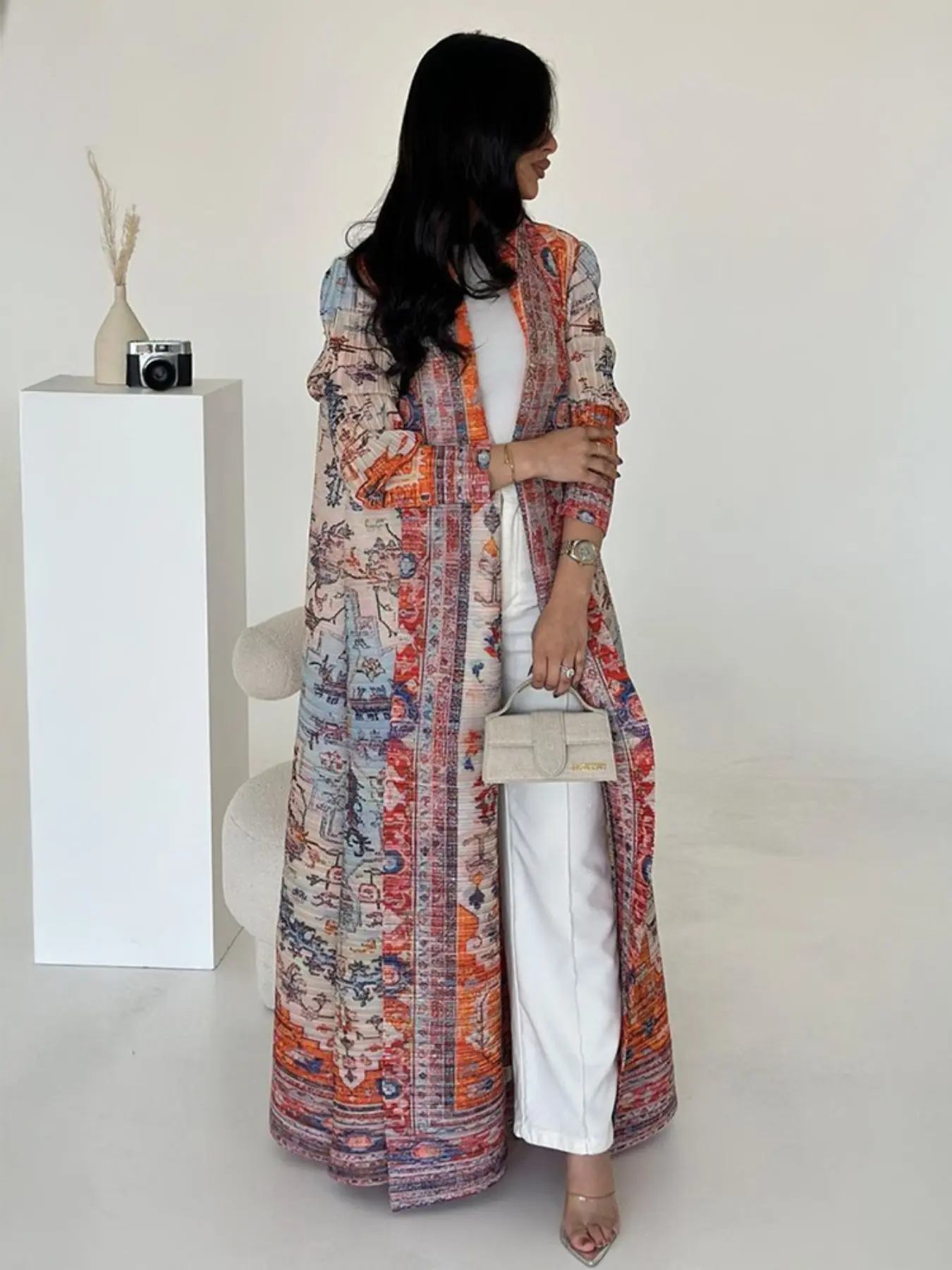 Women's Ruched Ruffled Traditional Ethnic Print Long Robe Windbreaker Abaya Premium Ribbed Woven Abaya Coat - Long Wear Kaftan Dress - All Season Everyday Modest Muslim Fashion Outerwear, Stylish Kaftan Dress (With Belt) Style Clothes