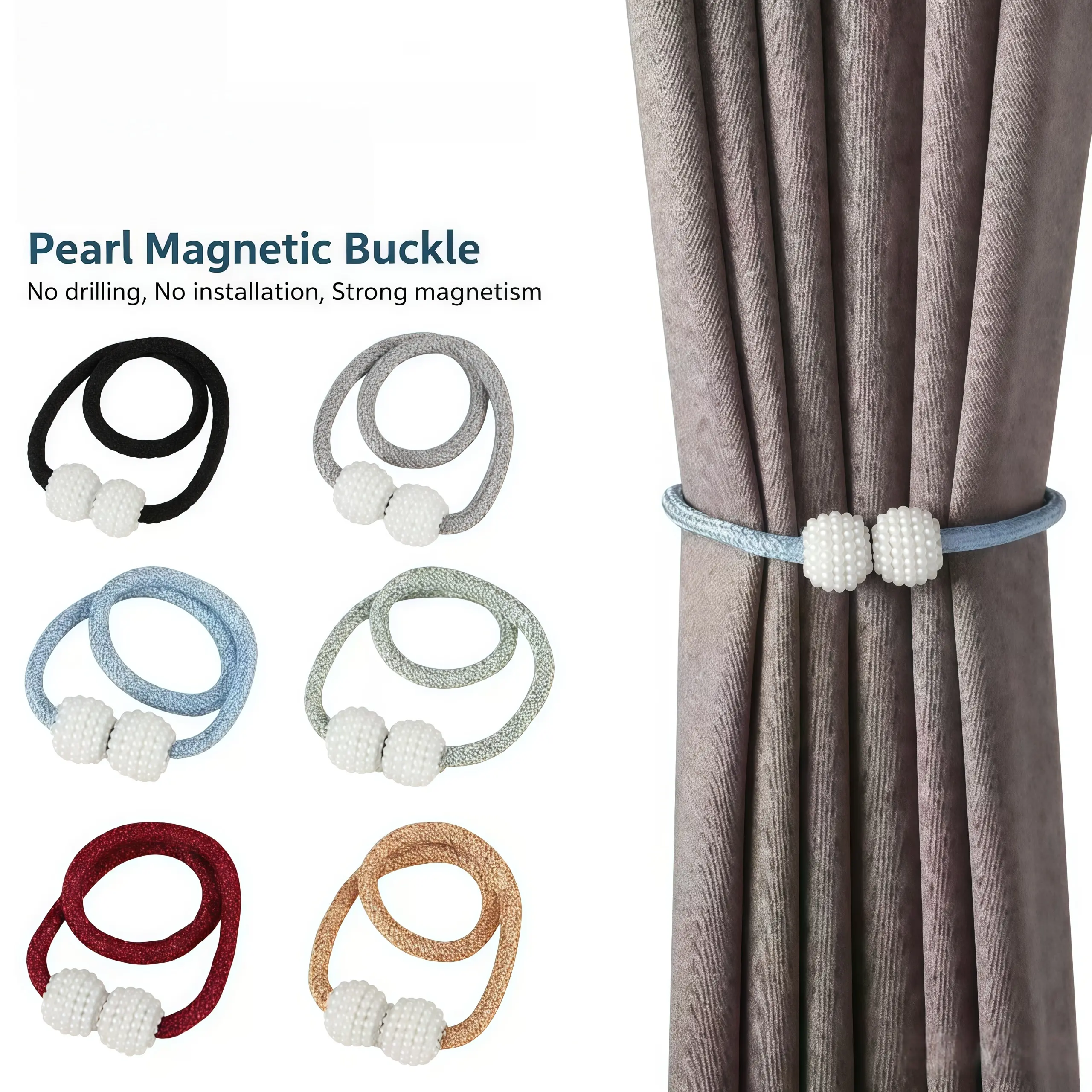 6 pieces of randomly colored pearl magnetic curtain ties, no drilling required, no need to install curtain buckles, strong magnetic decorative curtain ties for living room, bedroom and home decoration