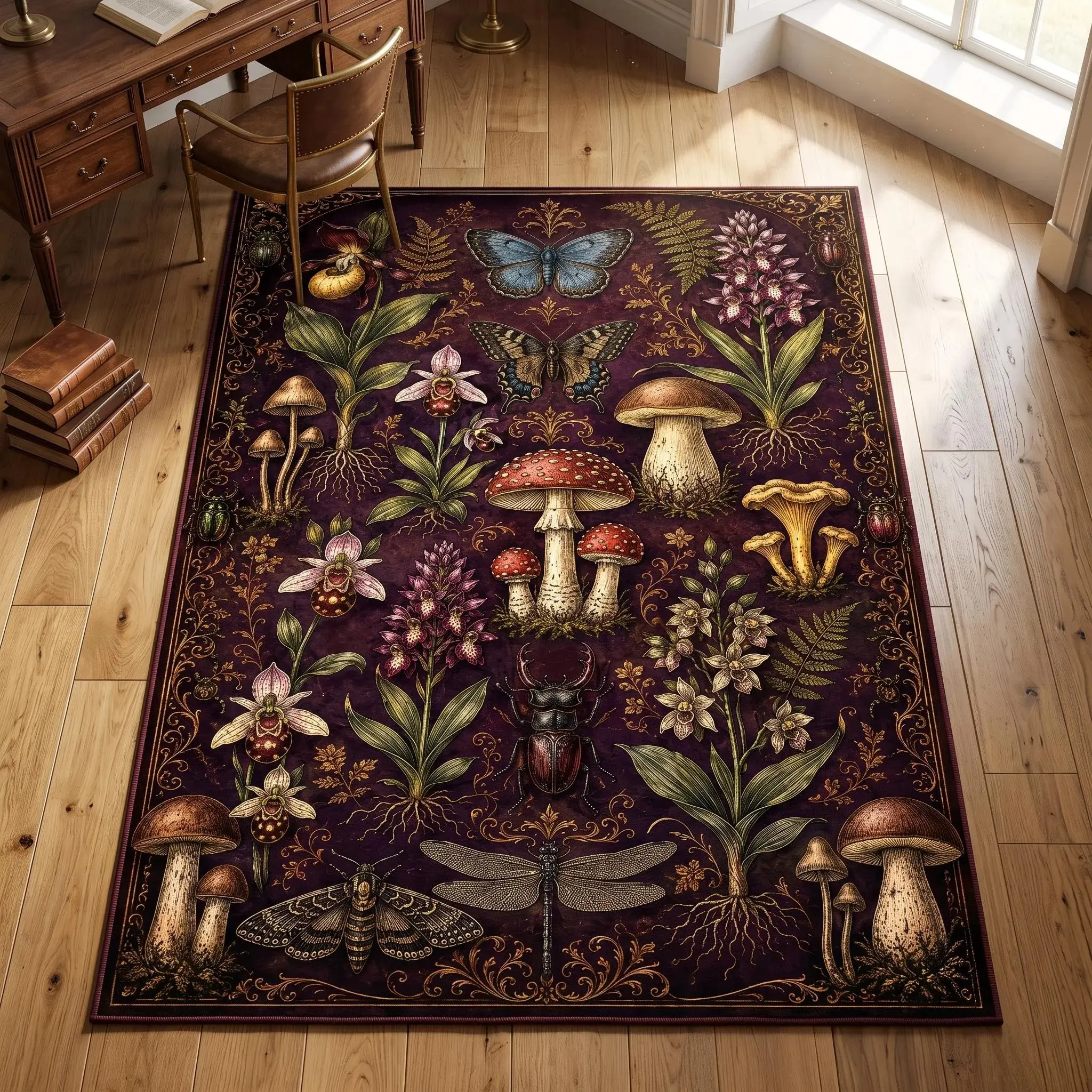 Vintage Botanical Mushroom Butterfly Area Rug - Dark Academia Witchy Household Textile Carpet