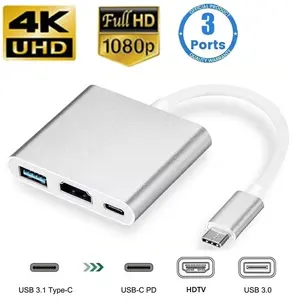 3 in 1USB C to 4K HDTV Adapter, 1 Count Multiport Digital AV Converter, with Fast Charging Port & USB 3.0 Port, Suitable for MacBook Pro/air, iPad Pro/air, iPhone, Tablets, Switch & More USB-C Devices