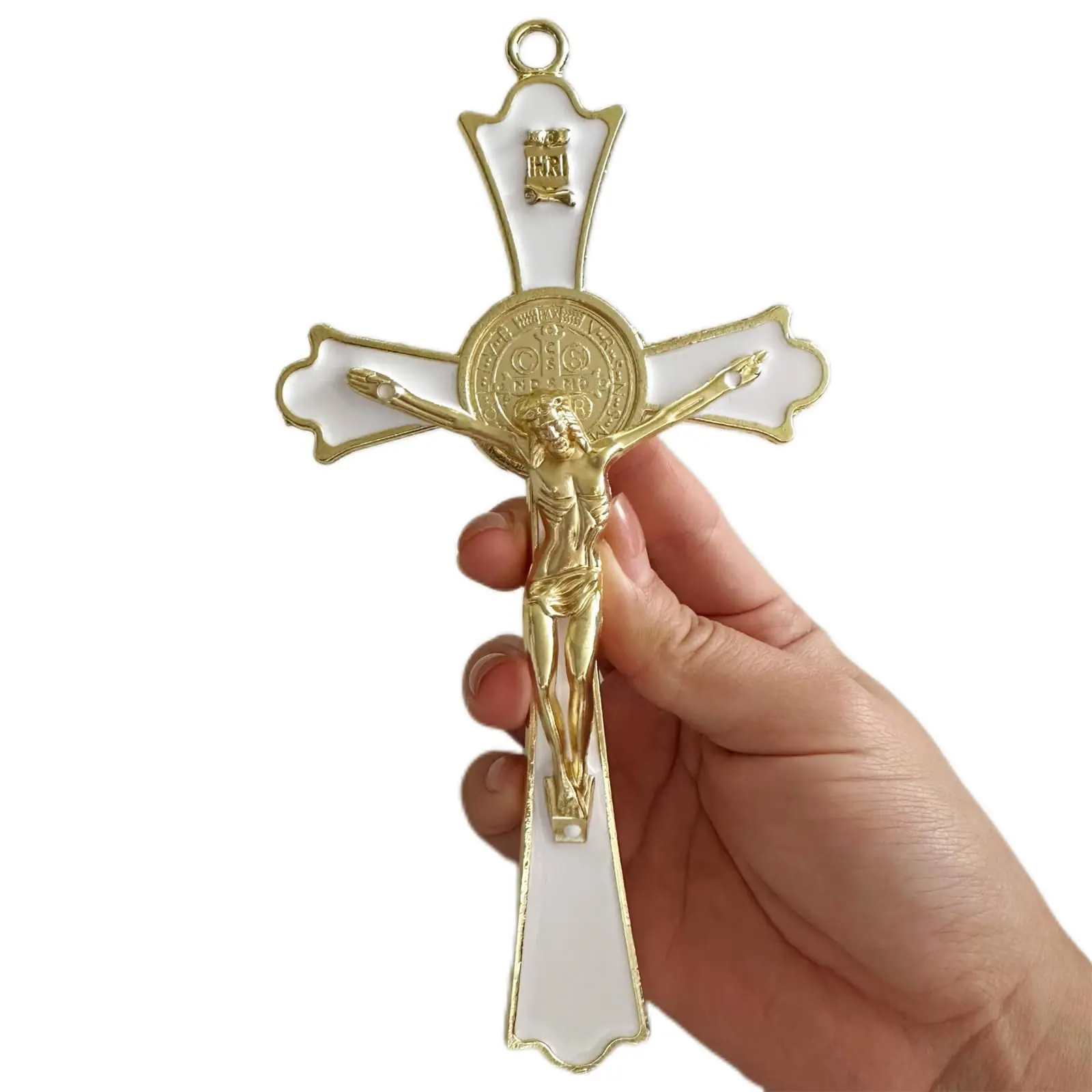 Golden St Benedict Crucifix Metal Wall Art, 7.8x4.1 Inch Cross, Blue/White/Black/Red Wall Decor, Saint Benedic Cross For Home Decoration, Catholic Gift (White)