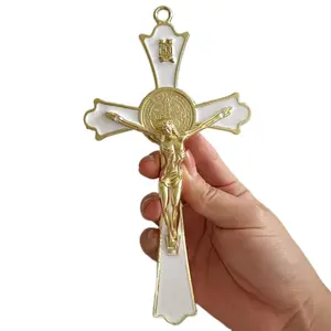 Golden St Benedict Crucifix Metal Wall Art, 7.8x4.1 Inch Cross, Blue/White/Black/Red Wall Decor, Saint Benedic Cross For Home Decoration, Catholic Gift (White)
