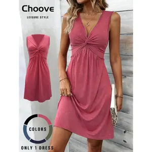 Women's Casual Sleeveless Dress, Cross Neck Design, Ruched A-Line Hem, Slim Fit, Soft Lightweight Fabric, All Seasons Wear
