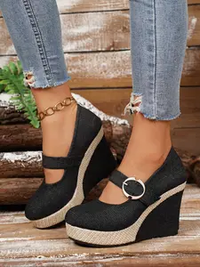 New Women's Rice Colorblock Retro Garden Style Platform Wedge Mary Jane Shoes, Metal Buckle Hemp Rope Thick Sole, Spring Fall Casual
