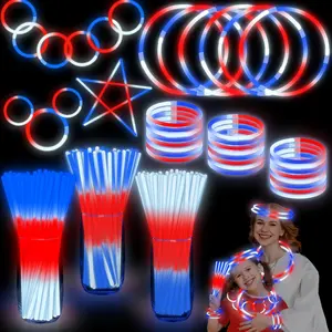 100 Pcs 4th of July Party Favors Glow Sticks with Connectors,Patriotic Glow Stick Red White Blue 3 in 1 Glow Bracelets and Necklaces 4th of July Accessories for Independence Day 250th Anniversary