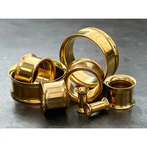 PAIR of Beautiful Gold PVD Plated 316L Surgical Steel Internally Threaded Tunnels/Plugs - Gauges 8g (3.2mm) thru 1" (25mm)