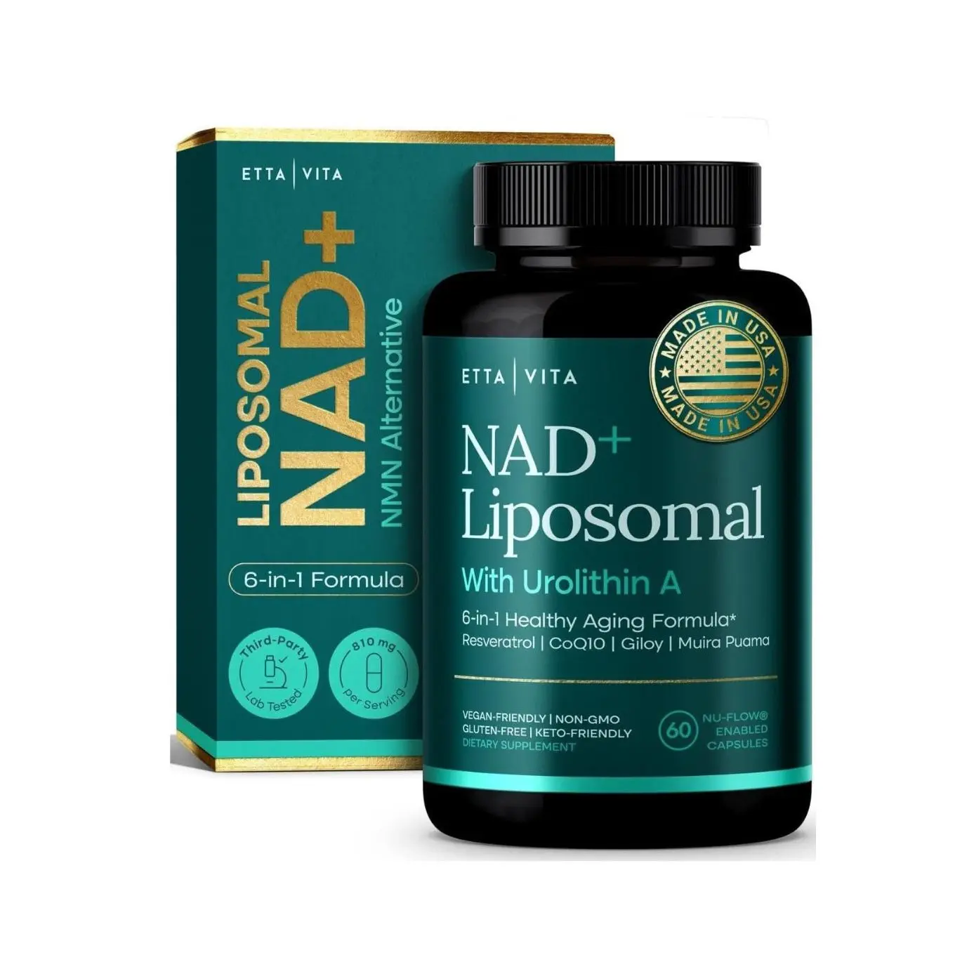 Etta Vita | Liposomal NAD+ Supplement with Resveratrol, Urolithin A, CoQ10 & Giloy | Made & Tested in USA | 60 Capsules