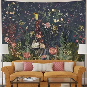 Jungle Floral Bird Tapestry, Dark Natural Plant Flower Tapestry for Bedroom, Living Room, Dormitory, with Free Installation Kit Home Decor Gifts Outdoor Gatherings