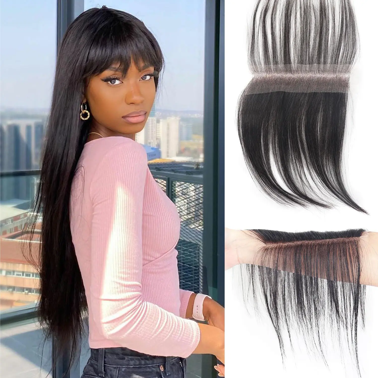 HD Transparent Lace Straight Bangs 100% Virgin Human Hair Fringe Hairpiece, Natural Invisible Lace Frontal Bangs, Real Human Hair Clip Bangs for Black Women