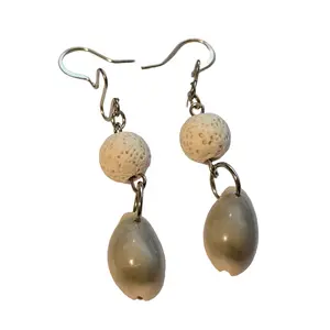 Handmade Puka Shell & White Lava Bead Earrings – Boho Coastal Dangle Jewelry