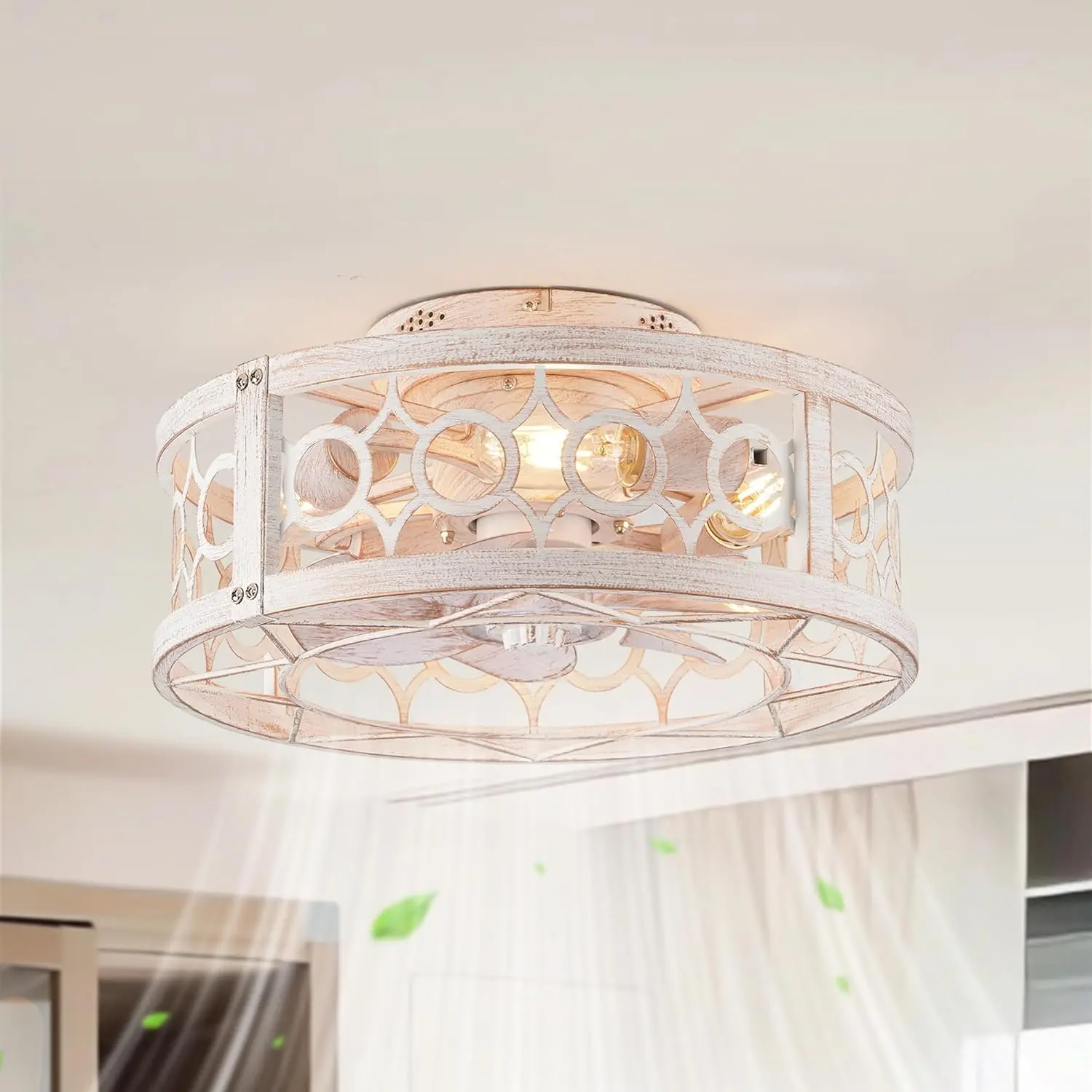 Caged Ceiling Fan with Light and Remote, 16in Small Low Profile Ceiling Fans with Lights, 6 Speed and Reversible Farmhouse Flush Mount Ceiling Fan for Bedroom, Kitchen, Living room