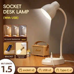 Multifunction Adjustable Desk Lamp, 5-in-1 Charging Station (2 Sockets, 2 USB, 1 Type-C), with Phone Holder, Perfect for Bedroom, Study, Bedside, Dorm, Work & Reading Light