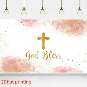 2D Flat 1PC Polyester God Bless Backdrop Gold Cross Pink Watercolor Decor for Indoor & Outdoor Religious Themed Party, Blessing Gathering, Photo Booth, Wall Decor, Home Decoration, Event Background, Available in Multiple Sizes