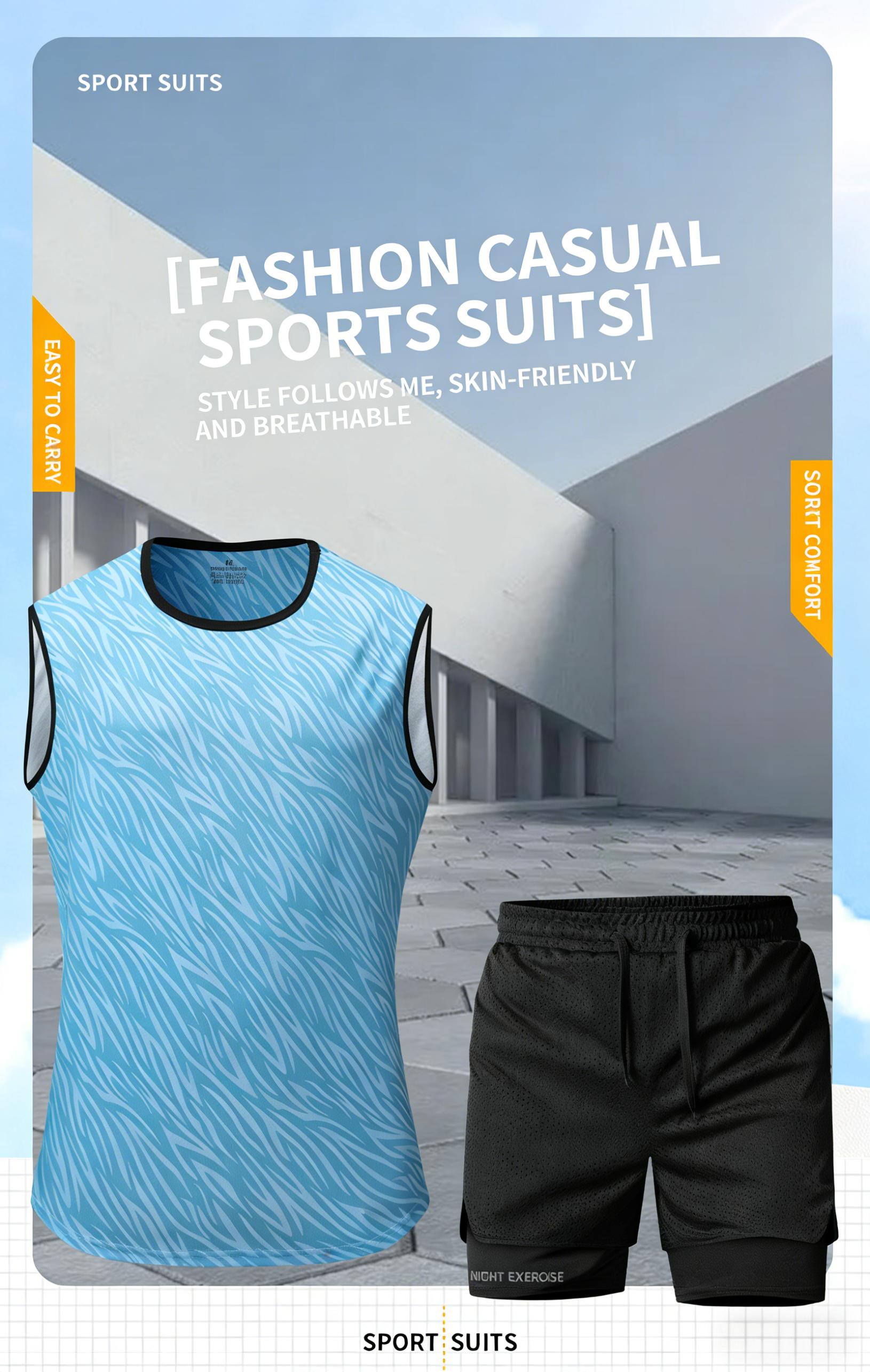 Men’s printed tank top and shorts set, regular fit casual quick-dry sweat-wicking breathable sleeveless top with shorts combo, summer men’s apparel set