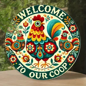 "Welcome to Our Chicken Coop" Vintage Aluminum Wall Art - 8x8 Inch Round Rustic Metal Sign with Hand-Painted Rooster Design, Perfect for Garage, Restaurant, Coffee Bar & Living Room Decor, Coffee Bar Art |   Playful Rooster Art |   Handpain